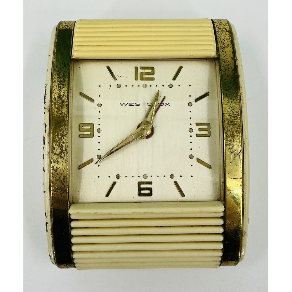 Vintage Westclox Wind Up Travel Alarm Clock Ivory Roll Top Deco Style